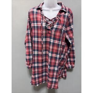 Jodifl Flannel Long Sleeve Tunic Top Size Large Red Plaid Boutique